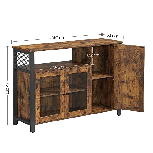 VASAGLE Aramrio de Almacenamiento, Aparador con 3 Puertas, para Comedor, salón, Cocina, 110 x 33 x 75 cm, Estilo Industrial, Marrón Rústico y Negro LSC096B01