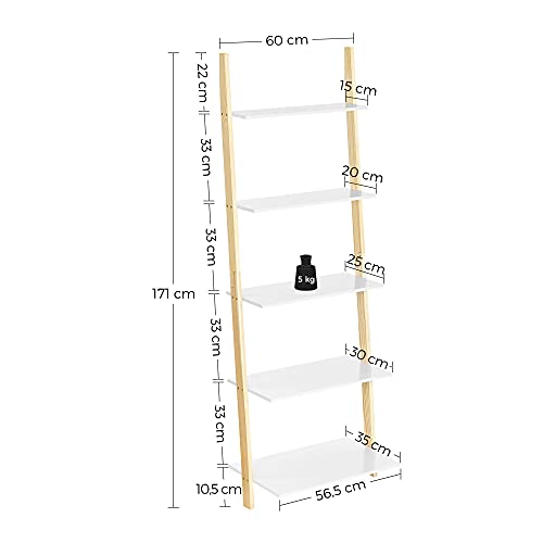 VASAGLE Estante de Escalera, Estante de 5 Niveles, Estante de Pared para Cocina Dormitorio Sala de Estar, Marco de Madera Maciza, Apoyado contra la Pared, Blanco Mate y Color Natural LLS201N01