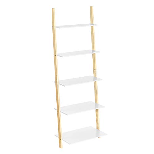 VASAGLE Estante de Escalera, Estante de 5 Niveles, Estante de Pared para Cocina Dormitorio Sala de Estar, Marco de Madera Maciza, Apoyado contra la Pared, Blanco Mate y Color Natural LLS201N01