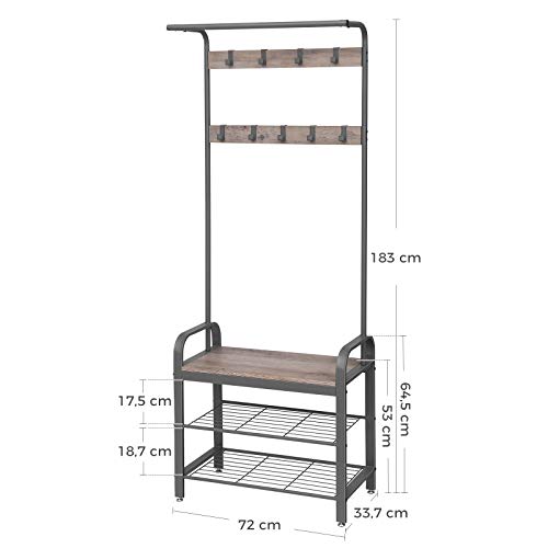 VASAGLE HSR40MG Perchero, Árbol del Vestíbulo, Perchero con Banco, Zapatero con Ganchos Extraíbles, Altura 183 cm, Industrial, Estructura Metálica Gris, Greige y Gris