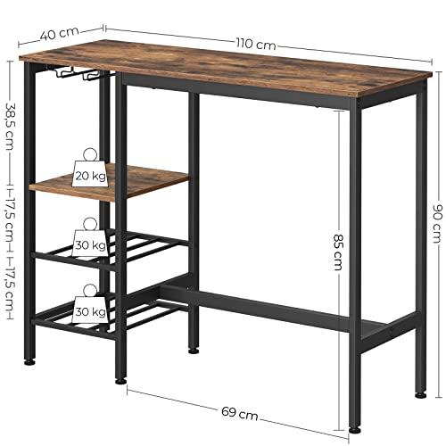 VASAGLE Mesa Alta, Mesa de Bar, Mesa de Comedor con Soportes para Vasos y Botellas, para Sala de Estar, Cocina, 110 x 40 x 90 cm, Estilo Industrial, Marrón Rústico y Negro LBT013B01