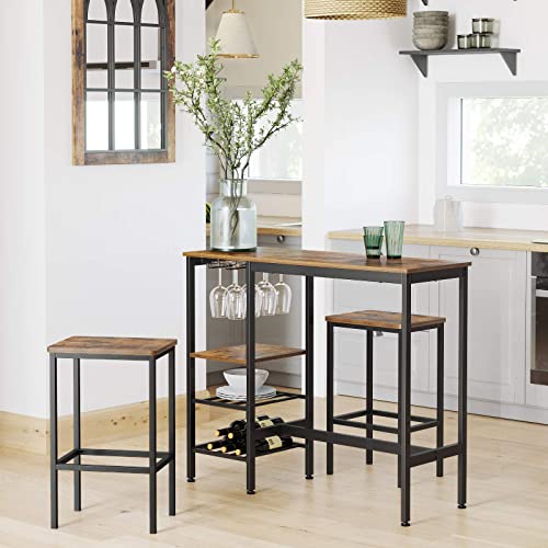 VASAGLE Mesa Alta, Mesa de Bar, Mesa de Comedor con Soportes para Vasos y Botellas, para Sala de Estar, Cocina, 110 x 40 x 90 cm, Estilo Industrial, Marrón Rústico y Negro LBT013B01