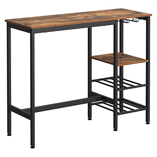 VASAGLE Mesa Alta, Mesa de Bar, Mesa de Comedor con Soportes para Vasos y Botellas, para Sala de Estar, Cocina, 110 x 40 x 90 cm, Estilo Industrial, Marrón Rústico y Negro LBT013B01