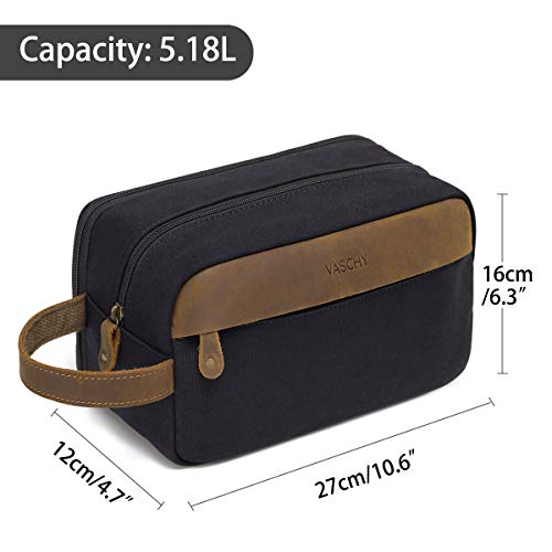 VASCHY Neceser Hombre,Bolsa de Aseo Mujer Neceseres para Maquillaje Cuero Lona Bolsa de Cosméticos Impermeable Bolsa de Lavado con Múltiples Bolsillos Negro