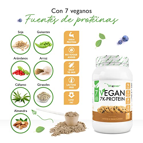 Vegan 7K Protein - 1kg - Cookies & Cream - Proteína vegetal pura en polvo con proteínas de arroz, almendra, soja, guisante, cáñamo, arándano y girasol