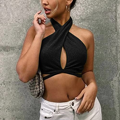 VEMOW Camiseta sin Mangas para Mujer, Moda Y2K Crop Top Camisetas de Tirantes Chaleco Eslinga de Cabestro Irregular Hueca Sexy con Cuello Halter Elegante Corto Informal de Color Sólido(G Negro,S)