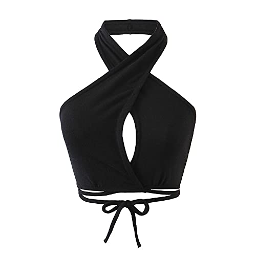 VEMOW Camiseta sin Mangas para Mujer, Moda Y2K Crop Top Camisetas de Tirantes Chaleco Eslinga de Cabestro Irregular Hueca Sexy con Cuello Halter Elegante Corto Informal de Color Sólido(G Negro,S)