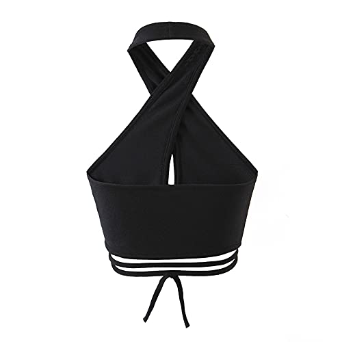 VEMOW Camiseta sin Mangas para Mujer, Moda Y2K Crop Top Camisetas de Tirantes Chaleco Eslinga de Cabestro Irregular Hueca Sexy con Cuello Halter Elegante Corto Informal de Color Sólido(G Negro,S)