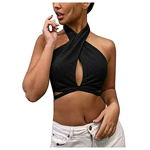 VEMOW Camiseta sin Mangas para Mujer, Moda Y2K Crop Top Camisetas de Tirantes Chaleco Eslinga de Cabestro Irregular Hueca Sexy con Cuello Halter Elegante Corto Informal de Color Sólido(G Negro,S)