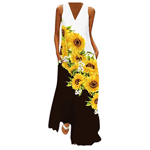 VEMOW Vestido Largo Elegantes Sin Mangas para Mujer, Fiesta de Verano Vestidos Maxi Partido Playa de Informal Sueltos Falda Cuello en V Bolsillos Estampado de Floral Retro Talla Grande(C Amarillo,XL)