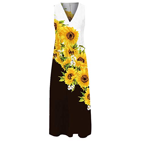 VEMOW Vestido Largo Elegantes Sin Mangas para Mujer, Fiesta de Verano Vestidos Maxi Partido Playa de Informal Sueltos Falda Cuello en V Bolsillos Estampado de Floral Retro Talla Grande(C Amarillo,XL)