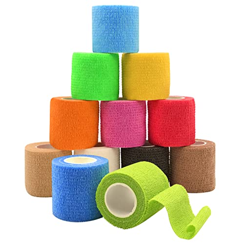 Vendas Autoadhesivas, 12 Piezas Venda Cohesiva, Venda Elastica Adhesiva, Tape Crossfit, Vet Wrap, Deportes Wrap, para Muñecas de Dedos, Esguinces de Tobillo e Hinchazón, 5 cm x 4.5 m