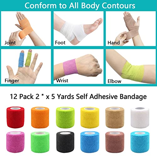 Vendas Autoadhesivas, 12 Piezas Venda Cohesiva, Venda Elastica Adhesiva, Tape Crossfit, Vet Wrap, Deportes Wrap, para Muñecas de Dedos, Esguinces de Tobillo e Hinchazón, 5 cm x 4.5 m