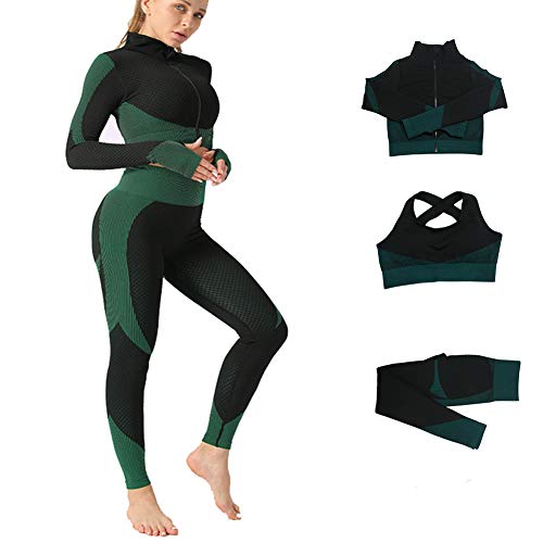 Veriliss 3 Piezas Mujer Yoga Traje Entrenamiento Para, Gym Mallas de Yoga Sin Costuras y Sujetador Deportivo Elástico Ropa de Gimnasio (PavorealAzul, S)