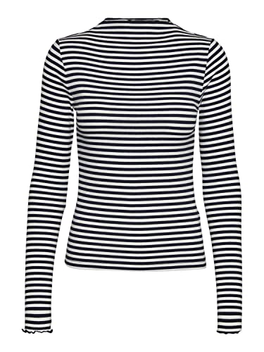 Vero Moda VMVIO L/S High Neck Strip Blouse Noos Camiseta de Manga Larga, Blanco Nieve/Rayas: Azul Marino, S para Mujer