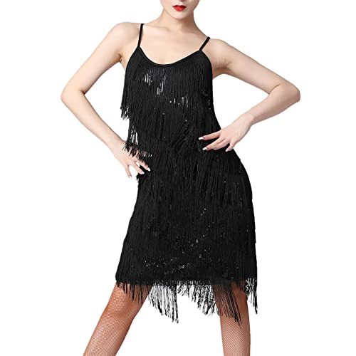 Vestido de Baile Latino para Mujer Vintage Lentejuela Vestido con Borla Disfraz de 1920s Gastby Vestido de Rumba Tango Salsa Samba con Flecos Ropa de Baile de Salón Dancewear Negro XXX-Large