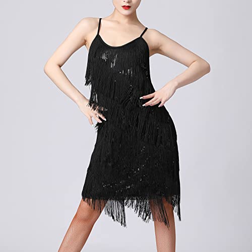 Vestido de Baile Latino para Mujer Vintage Lentejuela Vestido con Borla Disfraz de 1920s Gastby Vestido de Rumba Tango Salsa Samba con Flecos Ropa de Baile de Salón Dancewear Negro XXX-Large