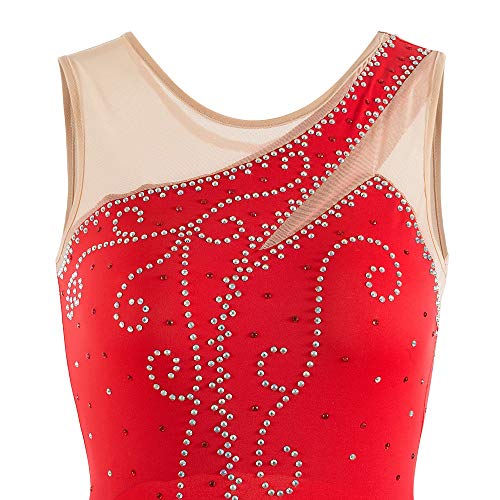 Vestido de Patinaje artístico Femenino, niñas Elastano Rojo Alta Elasticidad Competencia Deportiva Ropa de Patinaje Diseño Transpirable Hecho a Mano sin Mangas (Color : Red, Size : M)