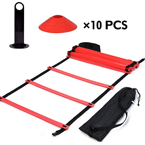 VGEBY1 Kit de Tren Speed ​​Agility, Escalera de Agilidad Plana 19 Pies + 10 Piezas de Conos de Disco para Entrenamiento AtléTico(Red)