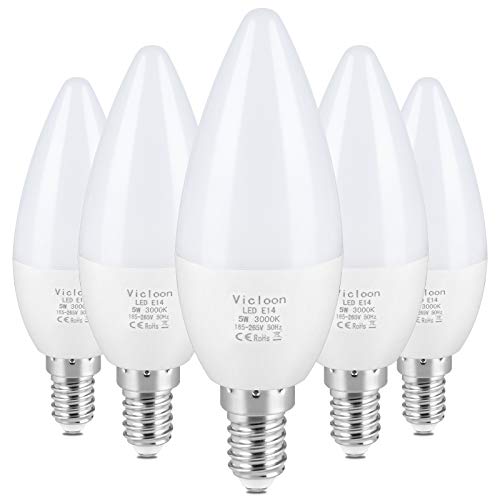 Vicloon Bombillas LED Vela E14, 5W Equivalente a 40W, 550 Lúmenes, Blancos Cálidos 3000K, No regulable, AC 220-240V, CRI>80+, Angulo de haz de 270° - Pack de 5 Unidades