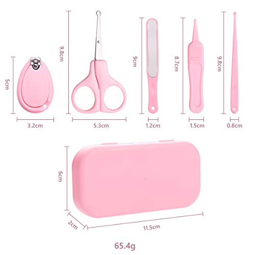 Vicloon Juego de Cuidado para Guardería, 5 en 1 Kit de Corta Uñas para Bebe Cuidado de Uñas, Manicura para Bebe, Juego de Pedicura para Bebé, Con Tijera de Seguridad + Lima para Uñas + Pinzas (Rosado)