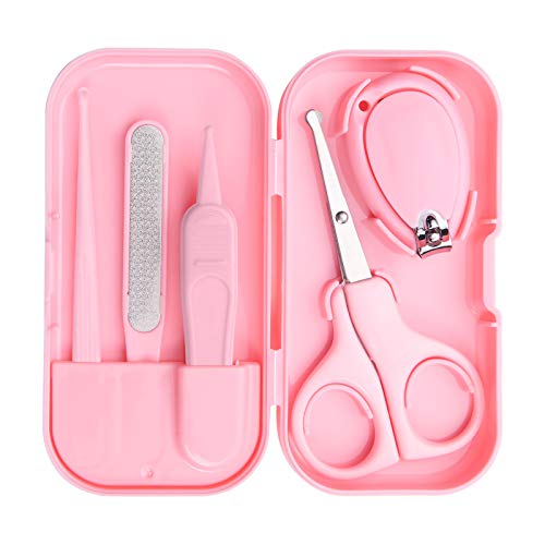 Vicloon Juego de Cuidado para Guardería, 5 en 1 Kit de Corta Uñas para Bebe Cuidado de Uñas, Manicura para Bebe, Juego de Pedicura para Bebé, Con Tijera de Seguridad + Lima para Uñas + Pinzas (Rosado)