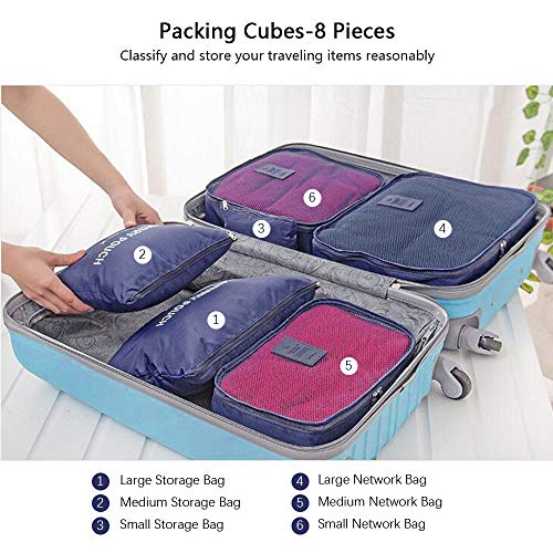 Vicloon Organizador de Equipaje,8 en 1 Set de Organizadores de Viajes, Impermeable Organizador de Maleta Bolsa Incluir 3 Cubos de Embalaje,3 Bolsos de la Compresión y 2 Bolsas de Zapatos (Azul Oscuro)