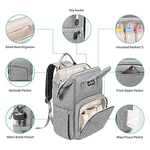 Viedouce Mochilas para Pañales,Bolso del Bebé Mamá,Impermeable con Estilo Oxford Bolso Pañal de Gran Capacidad, con Portátil Cambiador y 2 Piezas Ganchos Carrito Bebé (gris)