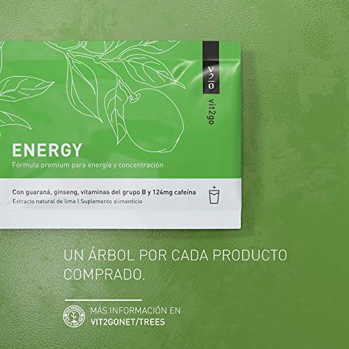 Vit2go ENERGY (30 sobres) - Bebida energética con cafeína (124 mg), guaraná y taurina, Complejo vitamínico con minerales (8 vitaminas B y aminoácidos esenciales, magnesio, calcio, zinc), vegano