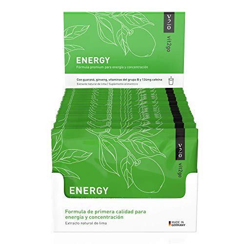 Vit2go ENERGY (30 sobres) - Bebida energética con cafeína (124 mg), guaraná y taurina, Complejo vitamínico con minerales (8 vitaminas B y aminoácidos esenciales, magnesio, calcio, zinc), vegano