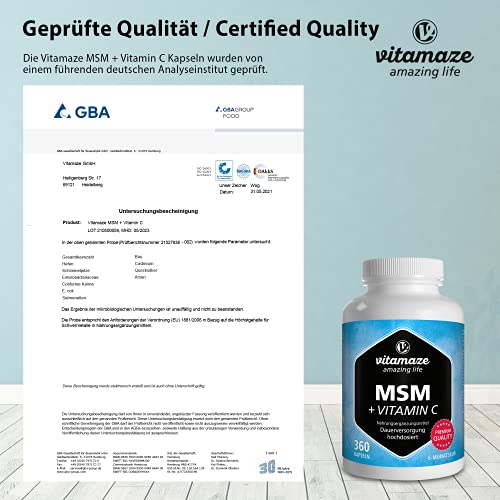 Vitamaze® MSM Capsulas con Vitamina C, 360 Capsulas durante 6 Meses, 1334 mg de Dosis Diaria de Micronizado Azufre Polvo Organico, 99,9% de Metilsulfonilmetano Puro, Suplemento de calidad de Alemania