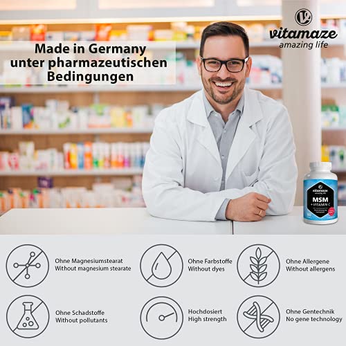 Vitamaze® MSM Capsulas con Vitamina C, 360 Capsulas durante 6 Meses, 1334 mg de Dosis Diaria de Micronizado Azufre Polvo Organico, 99,9% de Metilsulfonilmetano Puro, Suplemento de calidad de Alemania