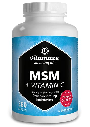 Vitamaze® MSM Capsulas con Vitamina C, 360 Capsulas durante 6 Meses, 1334 mg de Dosis Diaria de Micronizado Azufre Polvo Organico, 99,9% de Metilsulfonilmetano Puro, Suplemento de calidad de Alemania