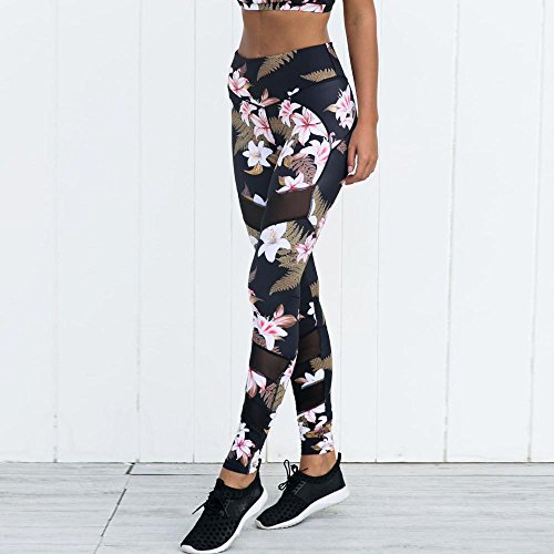 VJGOAL Mujeres Moda Casual Estampado de Flores Sexy Malla Empalme Pantalones de Yoga Cintura Alta Deportes Correr Fitness Pantalones Elasticidad Leggings Pantalones