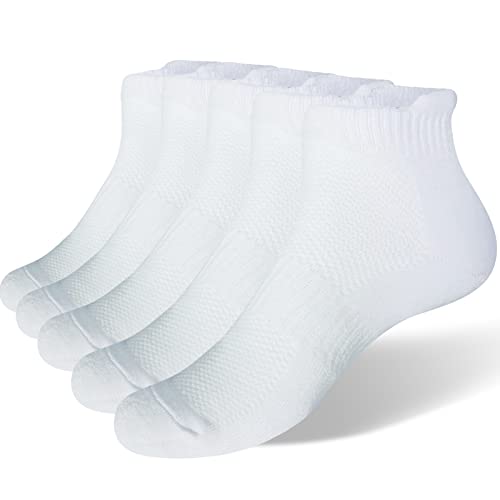 VoJoPi 5 paires Chaussette Hommes de Sport, Chaussettes Basses Homme Respirantes pour Running, Anti-Ampoules Courtes Socquettes en Coton pour Fitness, Jogging, Blanc