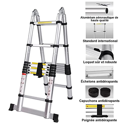 Voluker 5M Escalera Plegable,Escalera Telescópica de Aluminio,Escalera Extensible,2.5M+2.5M,Carga maxima150kg