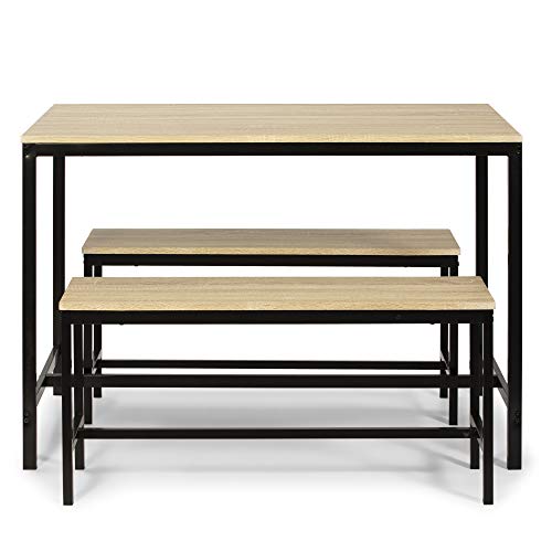 VS Venta-stock Conjunto Mesa y 2 Bancos Lisboa para Comedor o Cocina, Mesa 110 cm x 70 cm x 75 cm, Estructura metálica