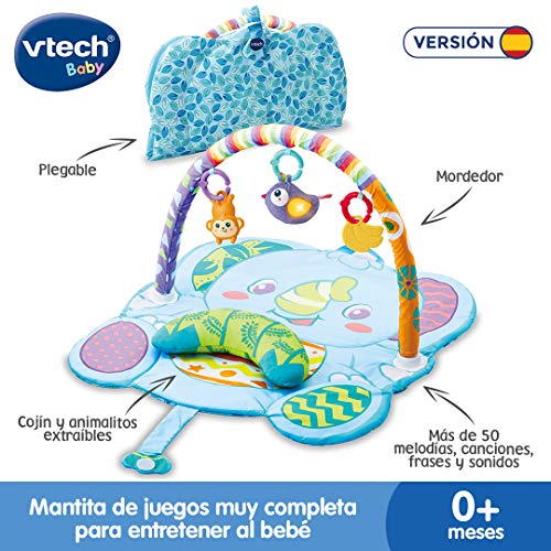 VTech - Mantita multijuegos 3 en 1, Manta de Actividades y Alfombra de Gimnasio para Bebes +3 Meses, Diferentes Formas de Juego, Incluye un cojín y Tres muñecos, Multicolor, versión ESP