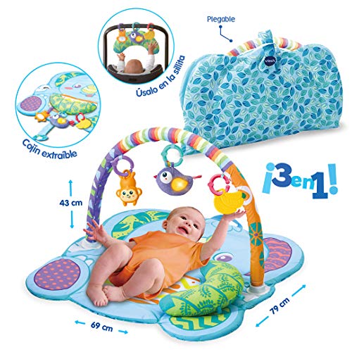 VTech - Mantita multijuegos 3 en 1, Manta de Actividades y Alfombra de Gimnasio para Bebes +3 Meses, Diferentes Formas de Juego, Incluye un cojín y Tres muñecos, Multicolor, versión ESP