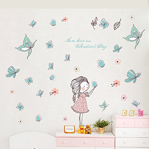 Wallpark Dibujos animados Lindo Niña Liberando Mariposa Desmontable Pegatinas de Pared Etiqueta de la Pared, Bebé Niños Hogar Infantiles Dormitorio Vivero DIY Decorativas Adhesivo Arte Murales