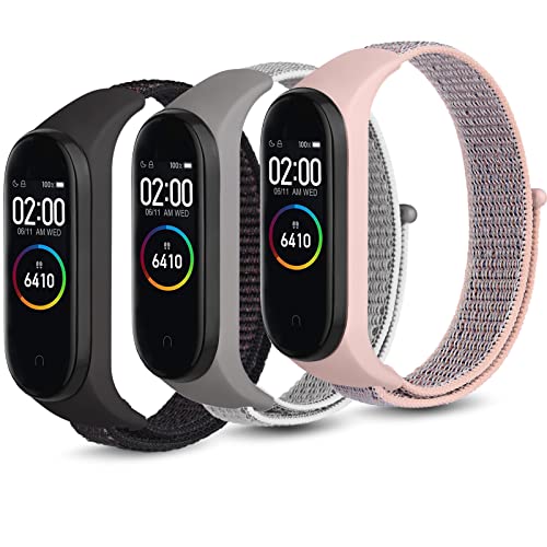 Wanme Correa Compatible para Xiaomi Mi Band 4 & Xiaomi Mi Band 3 Correa, Nylon Loop Pulseras de Repuesto para Xiaomi Mi Smart Band 4 & Xiaomi Mi Smart Band 3 (Arena Negro+Verde océano+Rosa Sand)