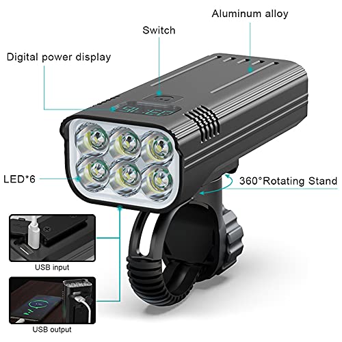 Wasafire Luces de Bicicleta, 3000 Lúmenes 6 LED 5200 mAh 5 Horas de Tiempo de Trabajo Faro de Bicicleta, 5 Modos Luces Delanteras de Bicicleta de Montaña de Carretera Impermeables