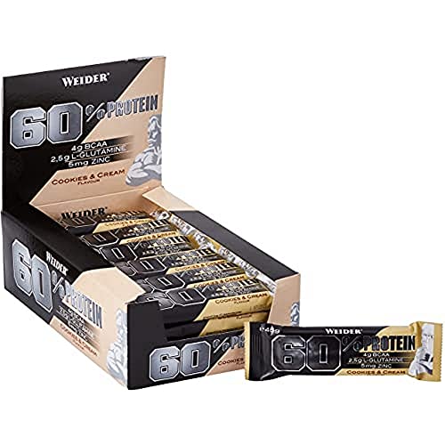 Weider 60% Protein Bar Vainilla Caramelo 24 x 45 gr. La barrita con más proteína del mercado. Con 4 g de BCAAs por barrita.