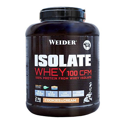 Weider Isolate Whey 100CFM. 100% aislado de proteina de suero. Cero azúcar, cero aspartamo, con stevia, con dygezime, con BCAA, apto para vegetarianos. Isolac. Para dietas keto. 2000 gr Cookies