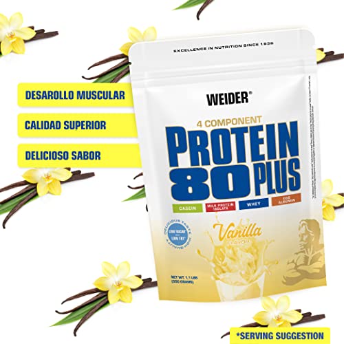 WEIDER Protein 80 Plus Multi-Component Protein Shake Powder, Vainilla Casein & Whey, Low Carb, 500g