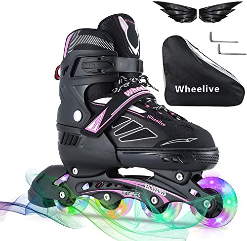 Wheelive Ajustables Patines en línea para Niños y Adultos, Inline Skates/Rollerblade de Malla Transpirable con LED Ruedas para Niños, Niñas y Principiantes Caballeros Damas