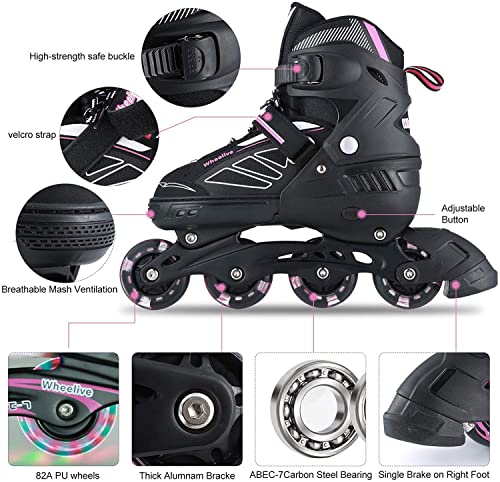 Wheelive Ajustables Patines en línea para Niños y Adultos, Inline Skates/Rollerblade de Malla Transpirable con LED Ruedas para Niños, Niñas y Principiantes Caballeros Damas