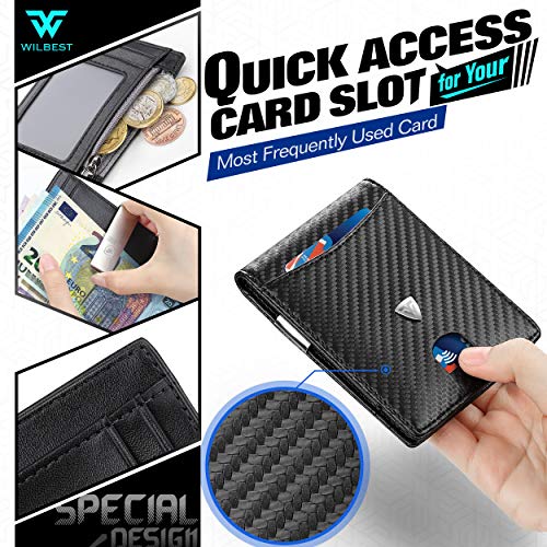 wilbest® Cartera para Hombre, Cartera de Cuero, Carteras con RFID, Clip para Billetes, Bolsillo para Monedas, Porta Tarjetas de Crédito etc, Cartera Fibra de Carbono con Caja de Regalo, Negro