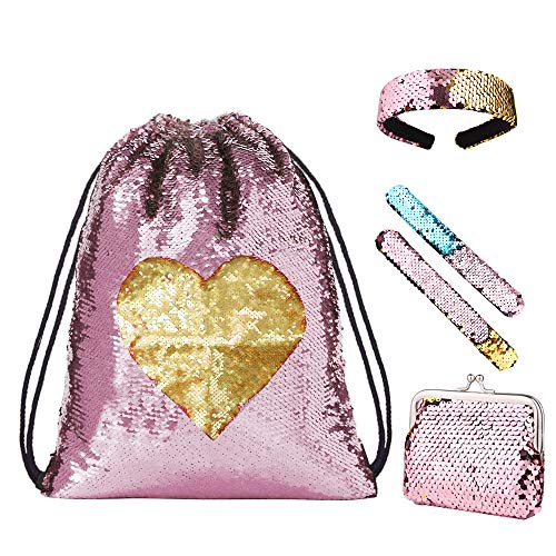 Wodasi Niña Mochilas de Lentejuelas, Lentejuela Mochila con Cordón con el Monedero y Pulseras y Diadema, Mochila Lentejuelas Niña Reversibles con Cordón Mochilas, Regalos para Niñas, 5 PCS