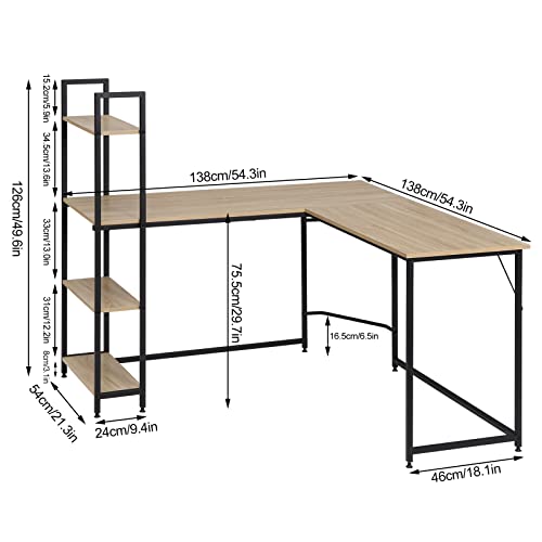 WOLTU Mesa de Escritorio en Forma de L, Escritorio en ángulo con Grande Tablero, Escritorio para Ordenador con 4 Estante, para Estudio Oficina, Negro y Roble, 138x138x126cm TSB147hei